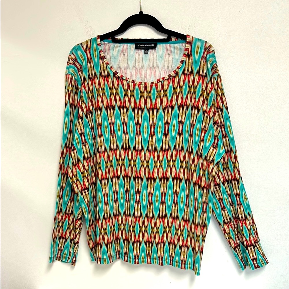 Jones New York Woman Colorful Aztec Print 100% Cotton Plus Size 3X Pullover Top